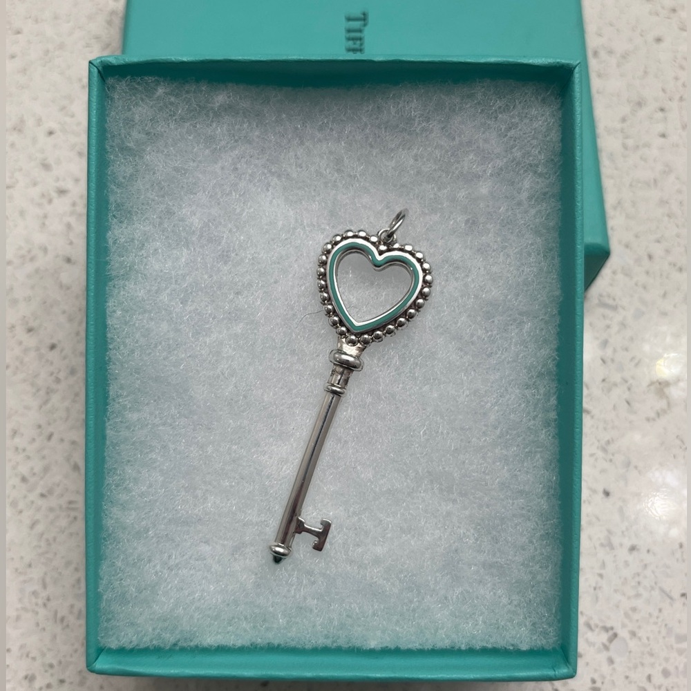 RARE Retired Tiffany & Co. Blue Enamel Open Heart Key Pendant - Picture 7 of 7